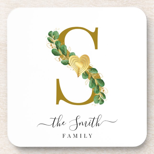 Elegant Greenery Monogram Family Name Letter S Coaster (Front)