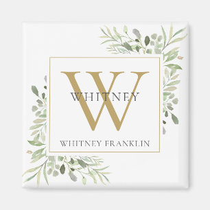 Elegant Greenery Monogram Name Magnet