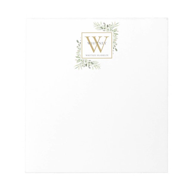 Elegant Greenery Monogram Name Notepad (Front)