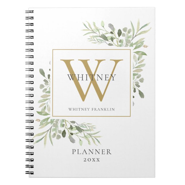 Elegant  Greenery Monogram Name Planner 2021 Notebook (Front)