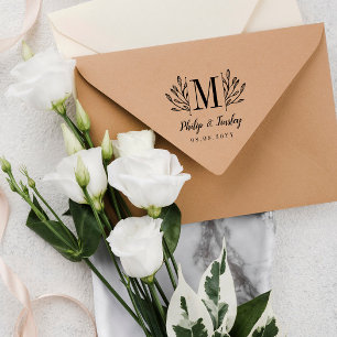 Elegant Greenery Monogram Names & Wedding Date Rubber Stamp