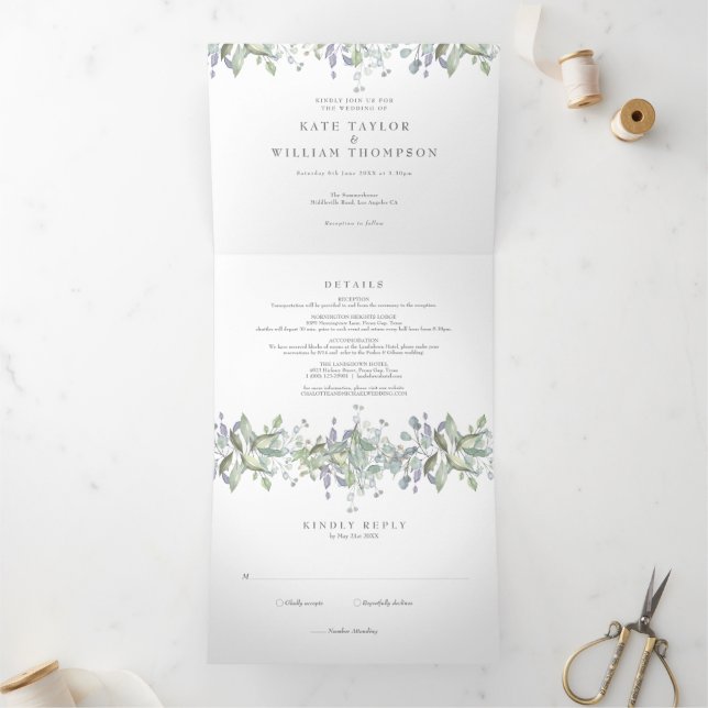 Elegant Greenery Monogram Photo Wedding Tri-Fold Invitation (Inside)