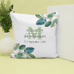 Elegant Greenery Monogram Wedding  Cushion<br><div class="desc">Celebrate love and everlasting memories with our enchanting Green Leaf Watercolor Wedding Throw Pillow. This exquisite pillow, adorned with a captivating green leaf watercolor theme, is personalised with the couple's names and monogram, elegantly framed by their cherished wedding date at the centre. It's the perfect gift for newlyweds, capturing the...</div>