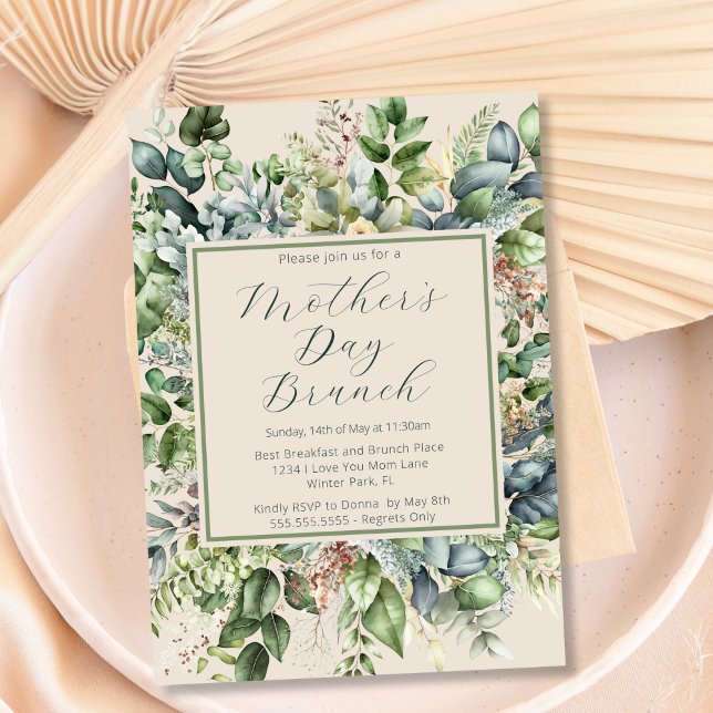 Elegant Greenery Muted Florals Mother's Day Brunch Invitation (Creator Uploaded)