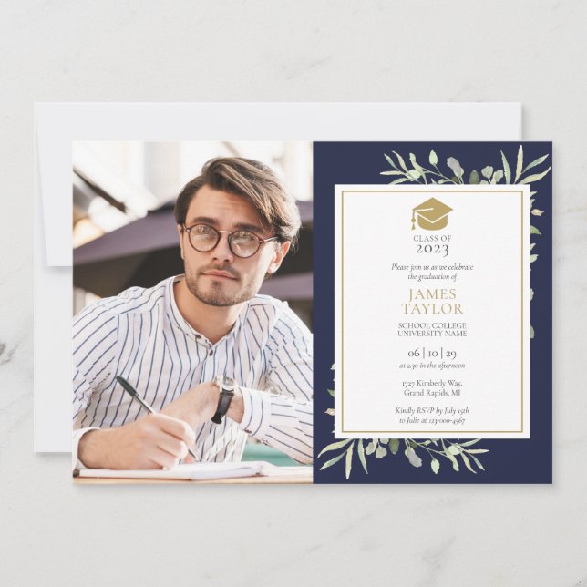 Elegant Greenery Navy Blue Graduation Party Photo Invitation (Front)