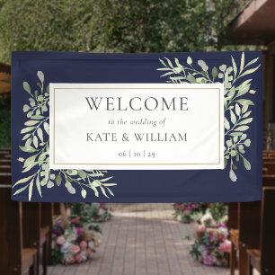 Elegant Greenery Navy Blue Wedding Welcome Banner