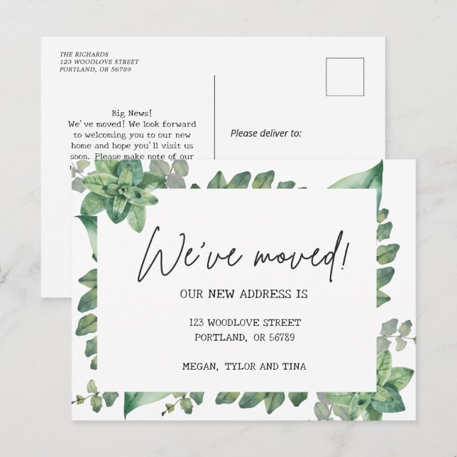 Elegant Greenery New Address Moving Announcement Postcard (Front/Back)