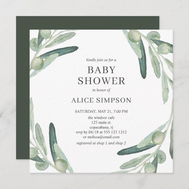 Elegant Greenery Olive Baby Shower Invitation (Front/Back)