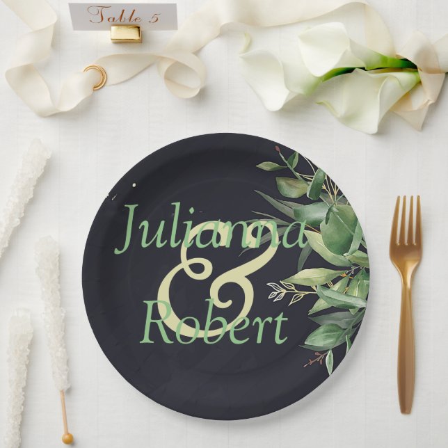 Elegant greenery on black   paper plates (Wedding)