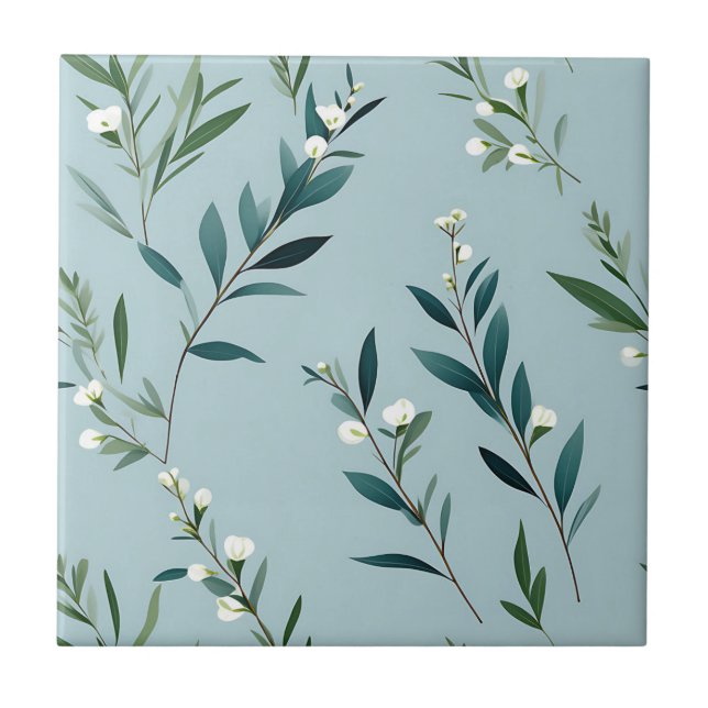 Elegant Greenery On Soft Dusty Blue Ceramic Tile (Front)