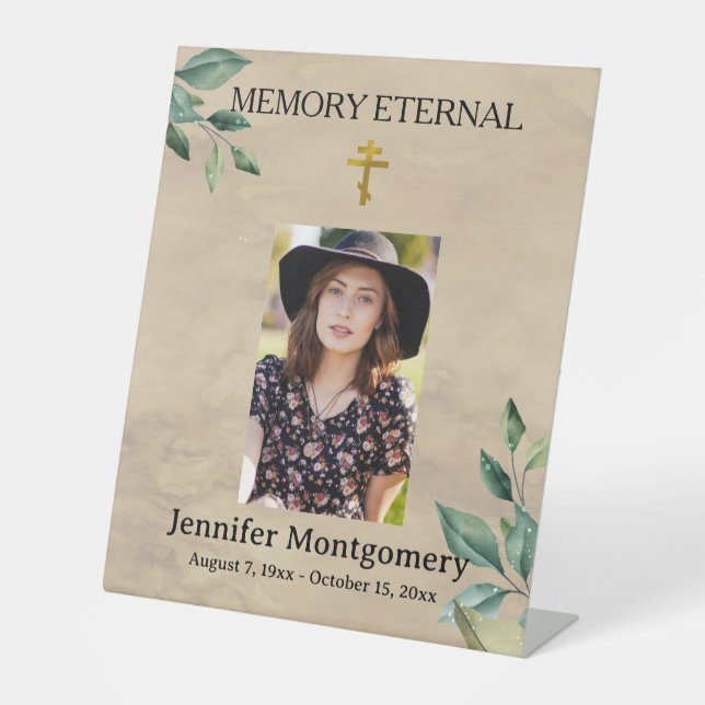 Elegant Greenery Orthodox Christian Funeral Pedestal Sign (Front)