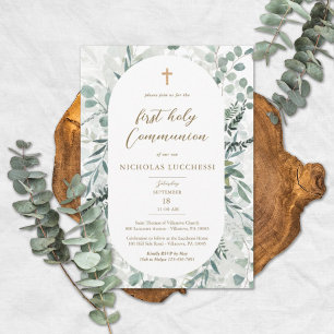 Elegant Greenery Oval Frame Communion Invitation