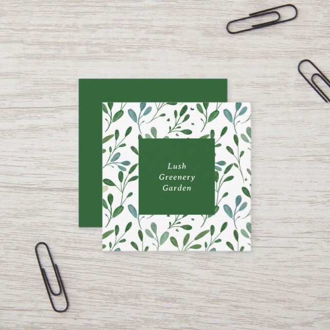Elegant Greenery Pattern Modern Square Business Card (Front/Back In Situ)