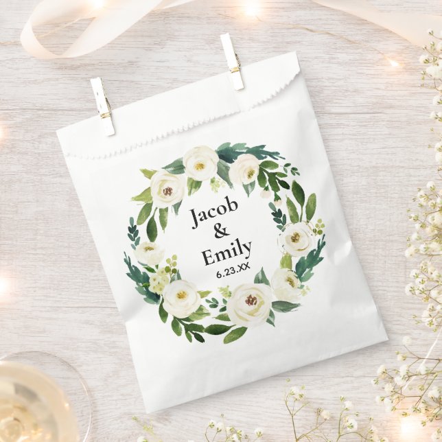 Elegant Greenery Personalised Names Date Wedding Favour Bag (Clipped)