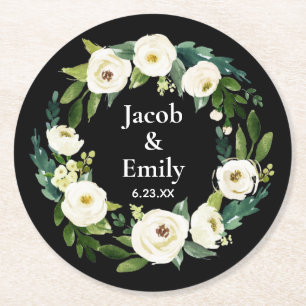 Elegant Greenery Personalised Names Date Wedding Round Paper Coaster