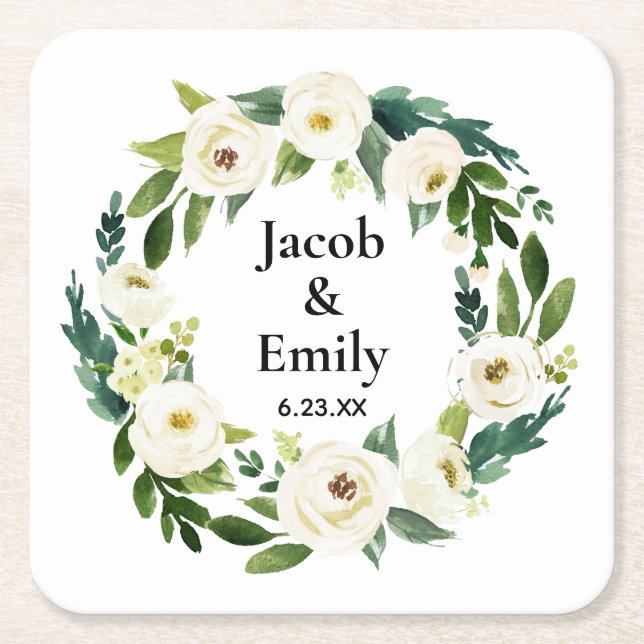 Elegant Greenery Personalised Names Date Wedding Square Paper Coaster (Front)