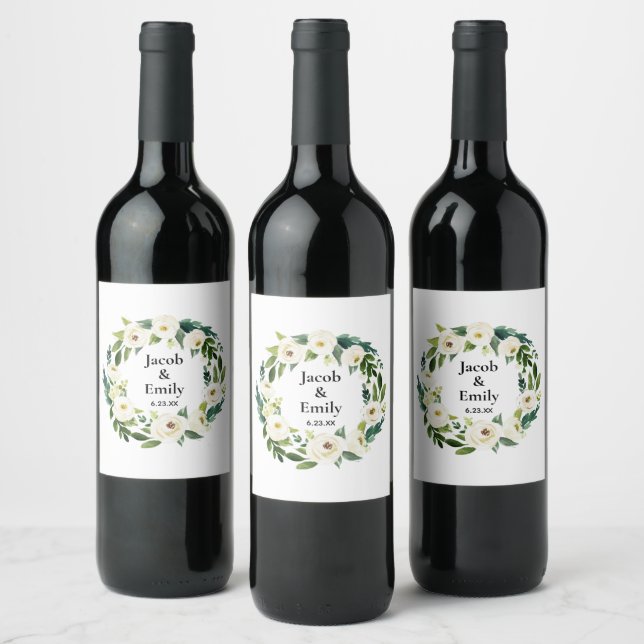 Elegant Greenery Personalised Names Date Wedding Wine Label (Bottles)