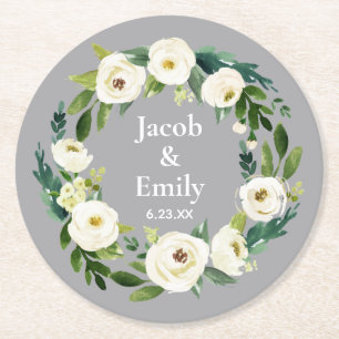 Elegant Greenery Personalised Names Silver Wedding Round Paper Coaster