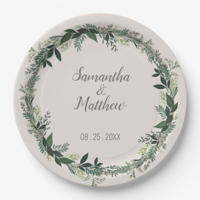 Elegant Greenery Personalised Wedding Paper Plate (Front)