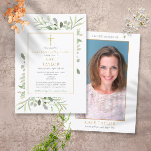 Elegant Greenery Photo Celebration of Life Funeral Invitation