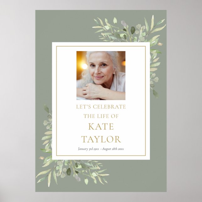 Elegant Greenery Photo Celebration of Life Sign (Front)