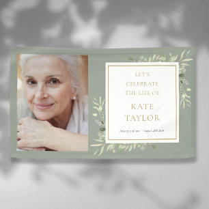 Elegant Greenery Photo Funeral Memorial Service Banner