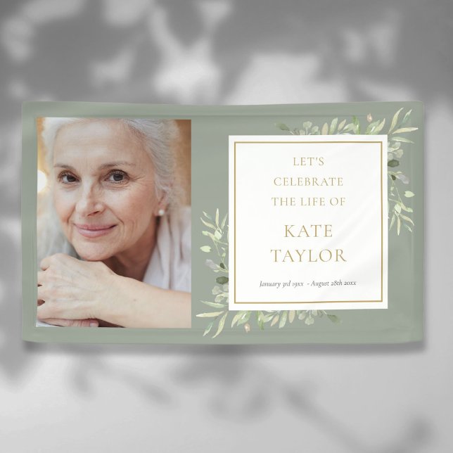 Elegant Greenery Photo Funeral Memorial Service Banner (Elegant Greenery Photo Funeral Memorial Service Banner)