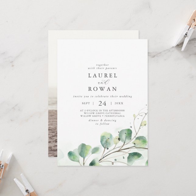 Elegant Greenery Photo Wedding Invitation (Front/Back In Situ)