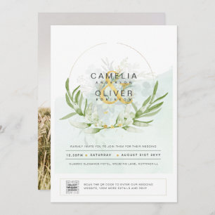 Elegant Greenery PHOTO Wedding Invitation QR CODE