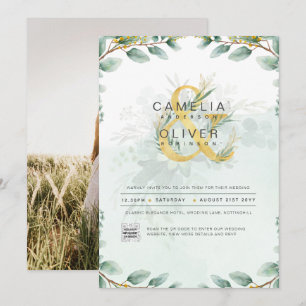 Elegant Greenery PHOTO Wedding Invitation QR CODE