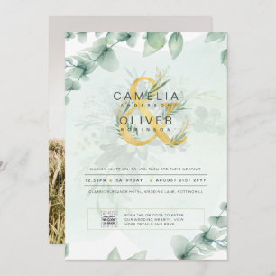 Elegant Greenery PHOTO Wedding Invitation QR CODE