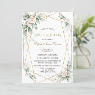 Elegant Greenery Pink Floral Gold Sweet Sixteen Invitation