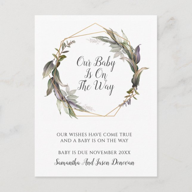 Elegant Greenery Pregnancy Announcement Postcard (Front)