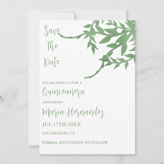 Elegant Greenery Quinceañera Save The Date (Front)
