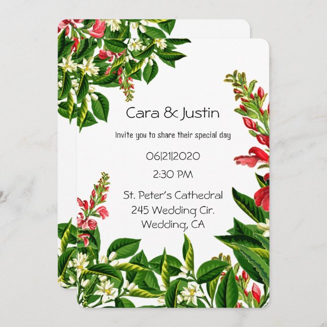 Elegant Greenery Red Floral Traditional Wedding Invitation (Front/Back)