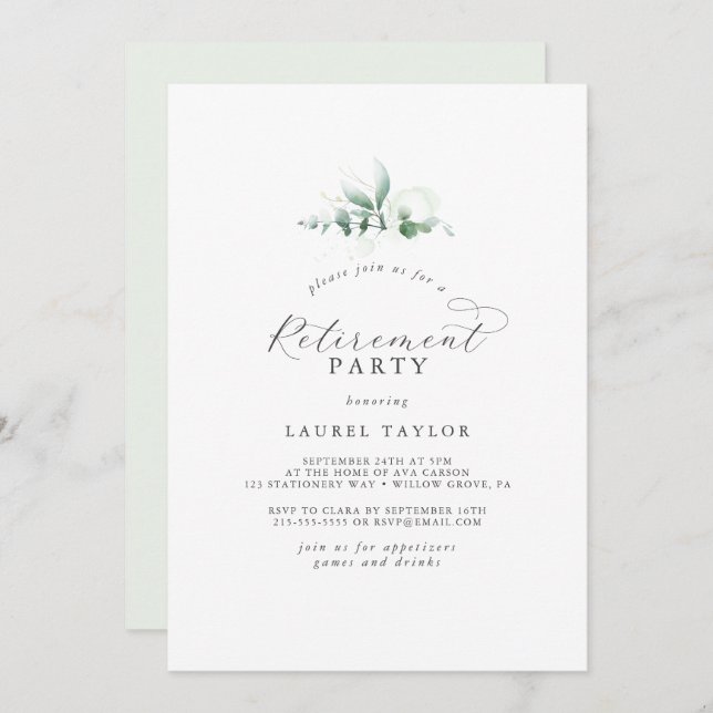 Elegant Greenery Retirement Party Invitation (Front/Back)