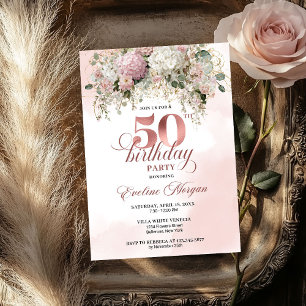 Elegant Greenery Rose Gold Blush 50th Birthday Invitation