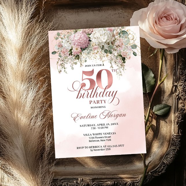 Elegant Greenery Rose Gold Blush 50th Birthday  Invitation (Elegant Greenery Rose Gold Blush 50th Birthday Party Invitation

)