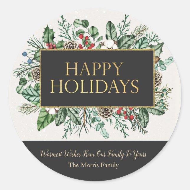 Elegant Greenery Round Christmas Sticker (Front)