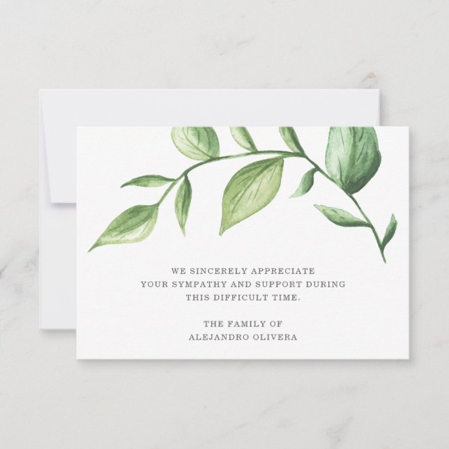Elegant Greenery Rustic Funeral Thank You Card (Front)