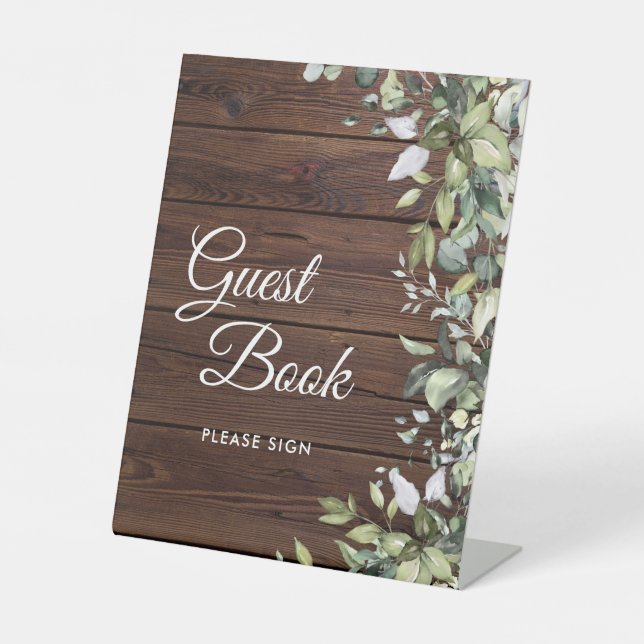 Elegant Greenery Rustic Wood Guest Book Sign (Front)