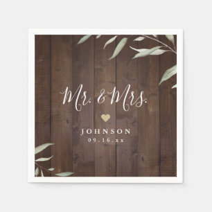 Elegant greenery rustic wood Mr & Mrs wedding Napkin