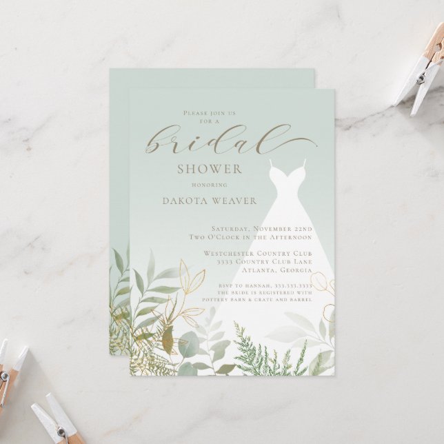 Elegant Greenery Sage Green Bridal Shower Invitation (Front/Back In Situ)