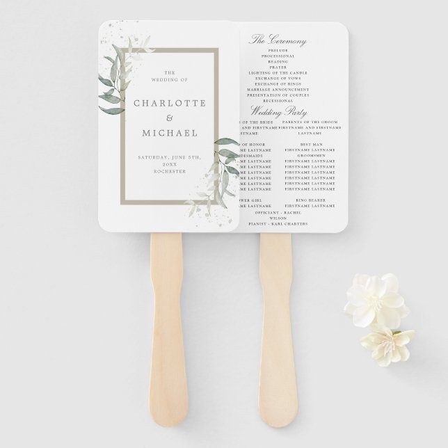 elegant greenery sage leaves wedding program hand fan (Front and Back)