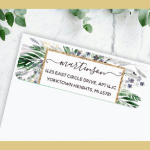 Elegant Greenery Script Gold Frame Return Address  Return Address Label