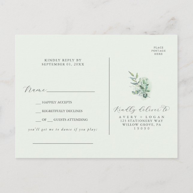 Elegant Greenery Song Request RSVP Postcard (Back)