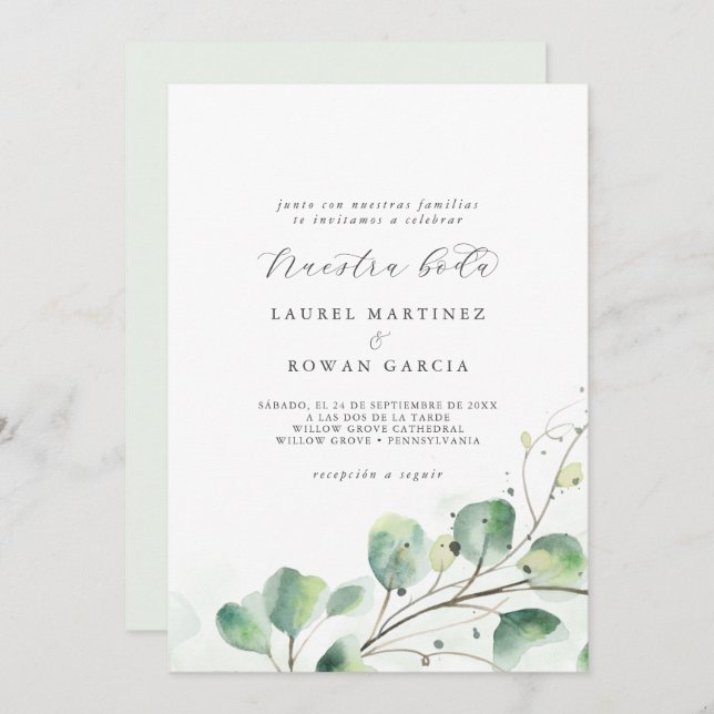 Elegant Greenery Spanish Nuestra Boda Wedding Invitation (Front/Back)