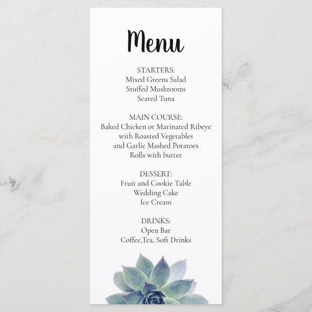 Elegant Greenery Succulent Wedding Reception Menu (Front)