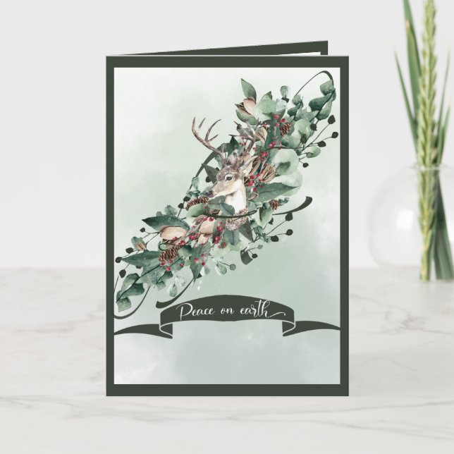 Elegant Greenery Swag with Deer and Eucalyptus Holiday Card (Front)
