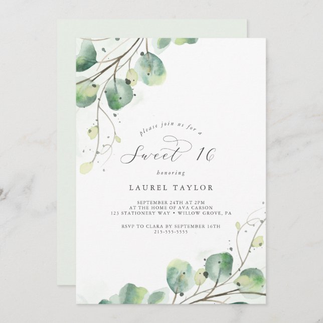 Elegant Greenery Sweet Sixteen Birthday Invitation (Front/Back)